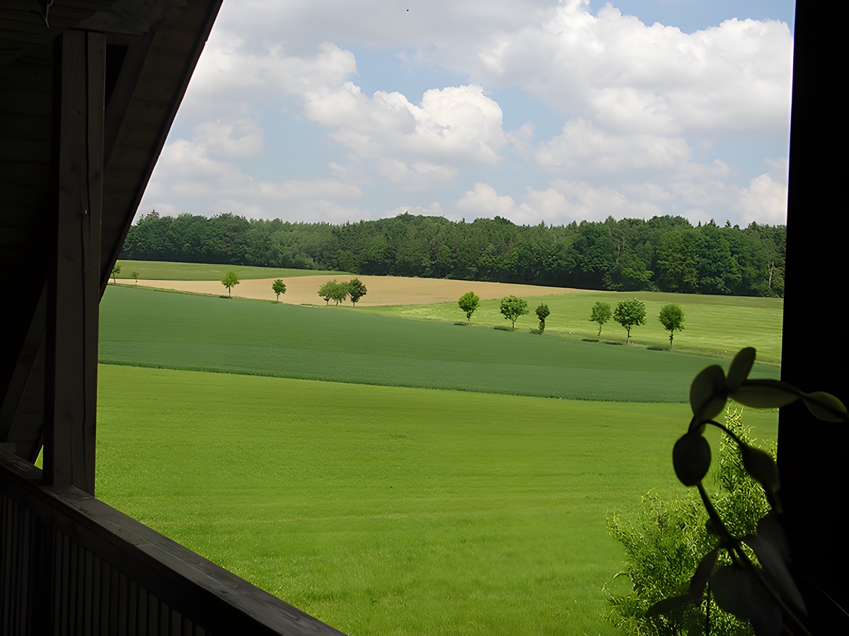 Ausblick vom Balkon über Wiesen und Felder